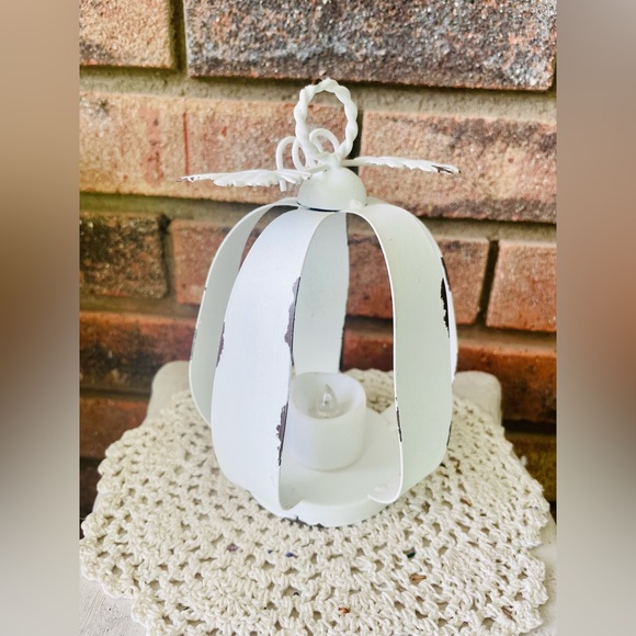 *White Distressed Metal Pumpkin Tealight Lantern - Picture 7 of 13